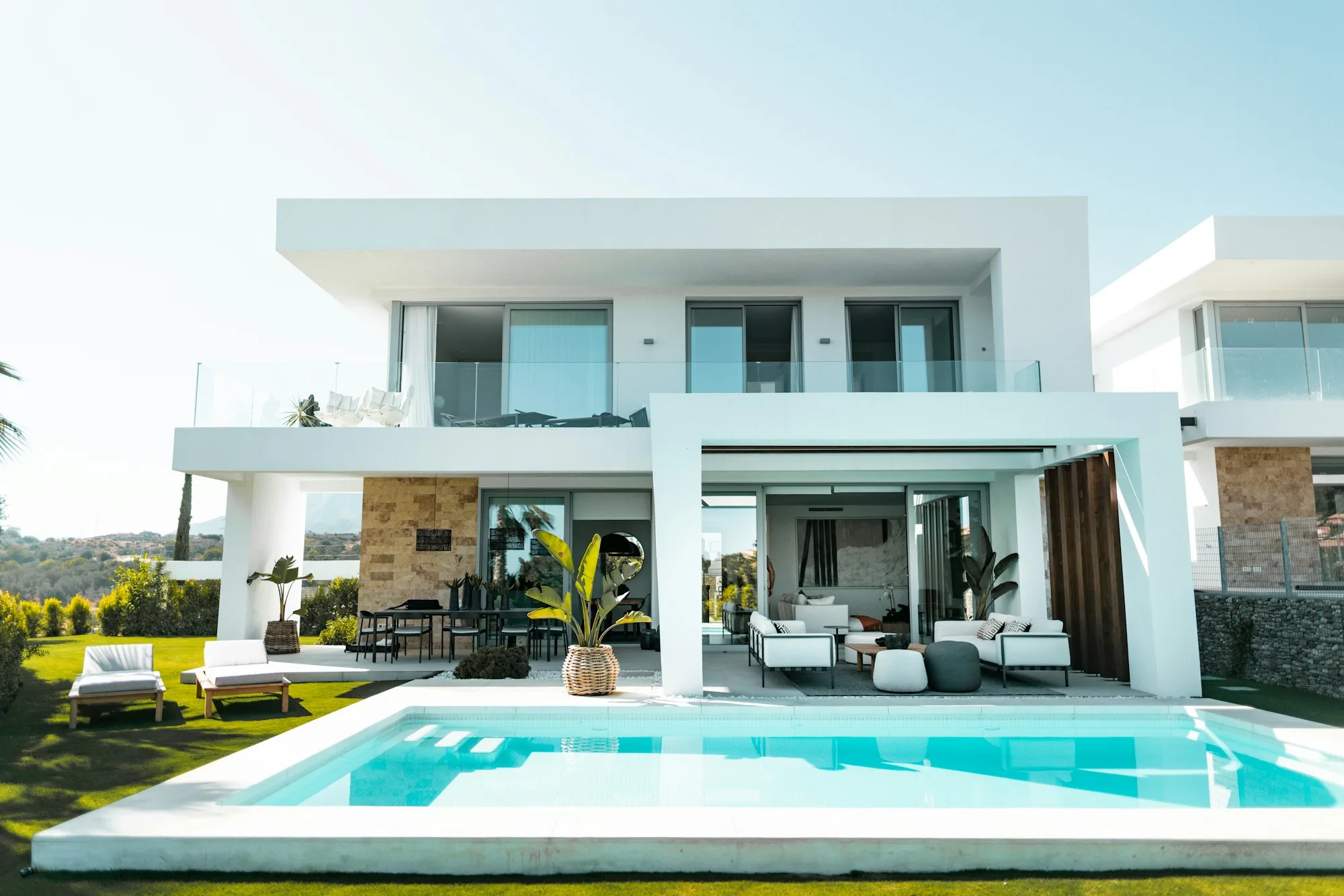 Modern luxury house exterior at dusk
